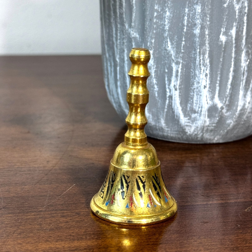 Vintage Indian Brass Hand Bell Colorful Painted Enamel Ornate 2.25" Tall